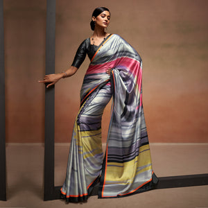 Grey Digital Printed Satin Saree