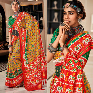 Yellow & Red Patola Printed Tussar Silk Saree