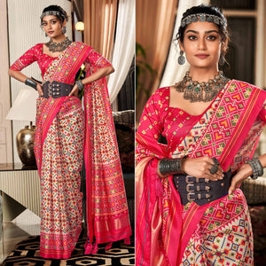 White & Pink Patola Printed Tussar Silk Saree