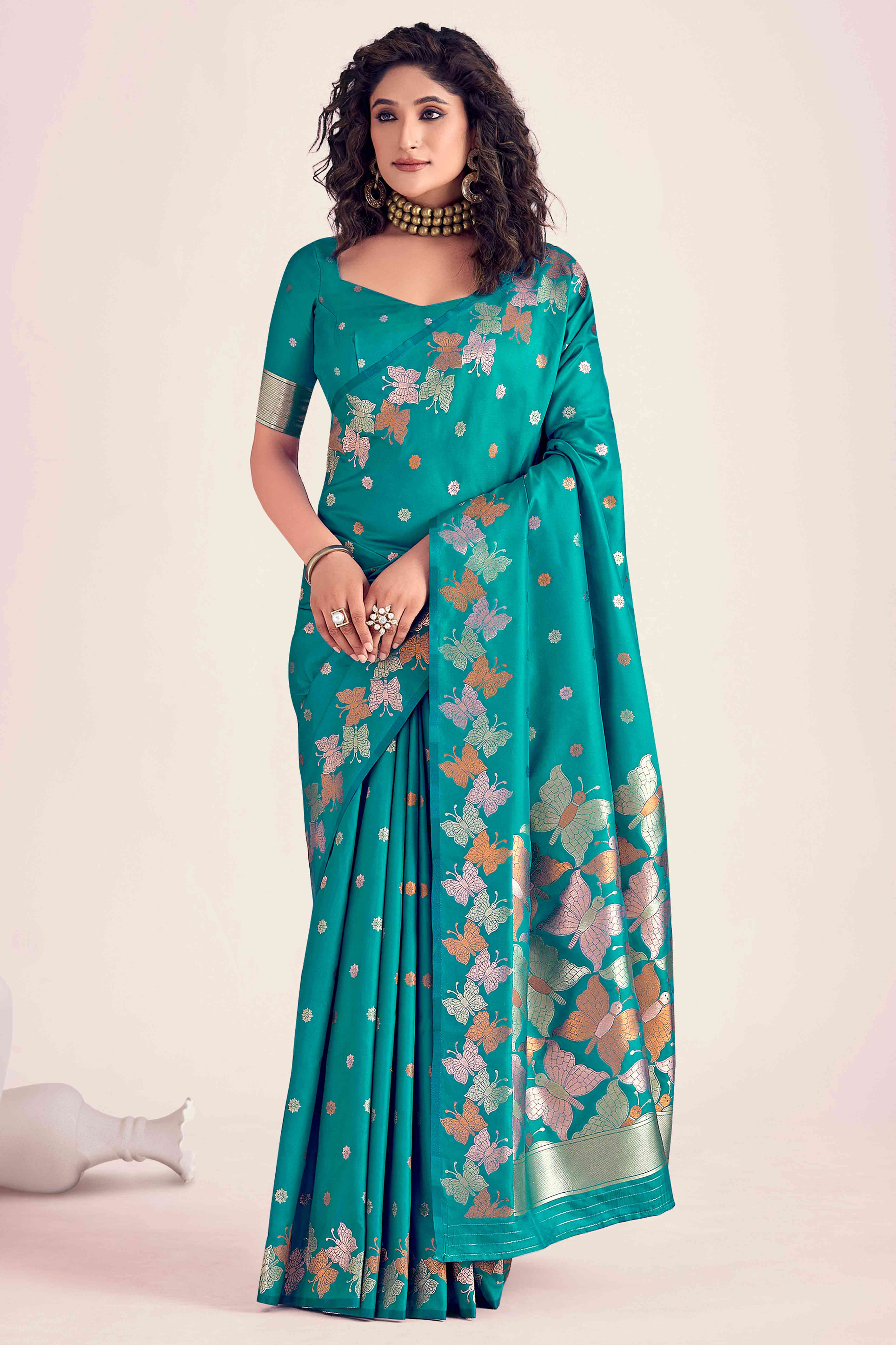Rama Blue Banarasi Silk Saree With Zari Woven Floral & Butterfly Motifs