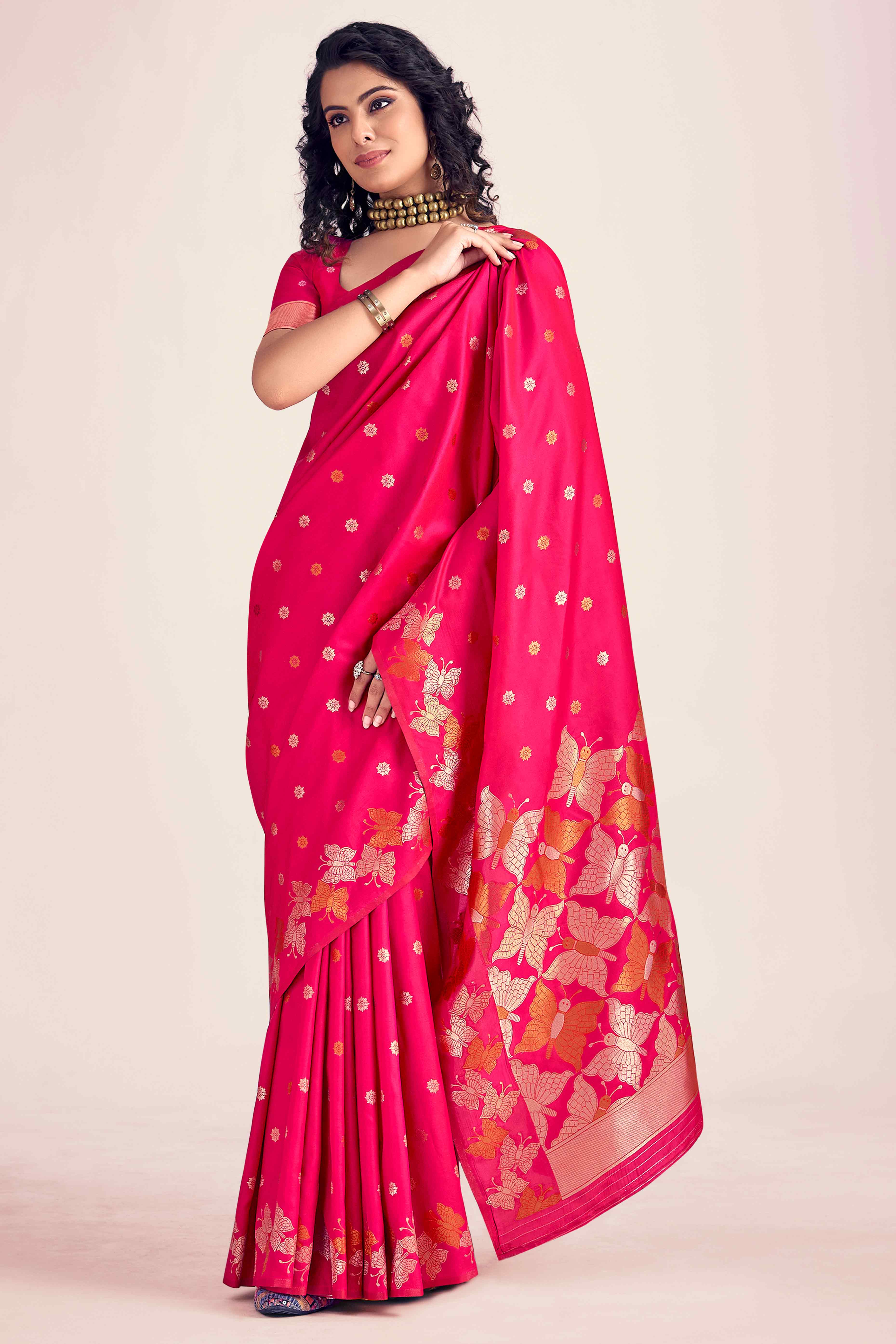 Pink Banarasi Silk Saree With Zari Woven Floral & Butterfly Motifs
