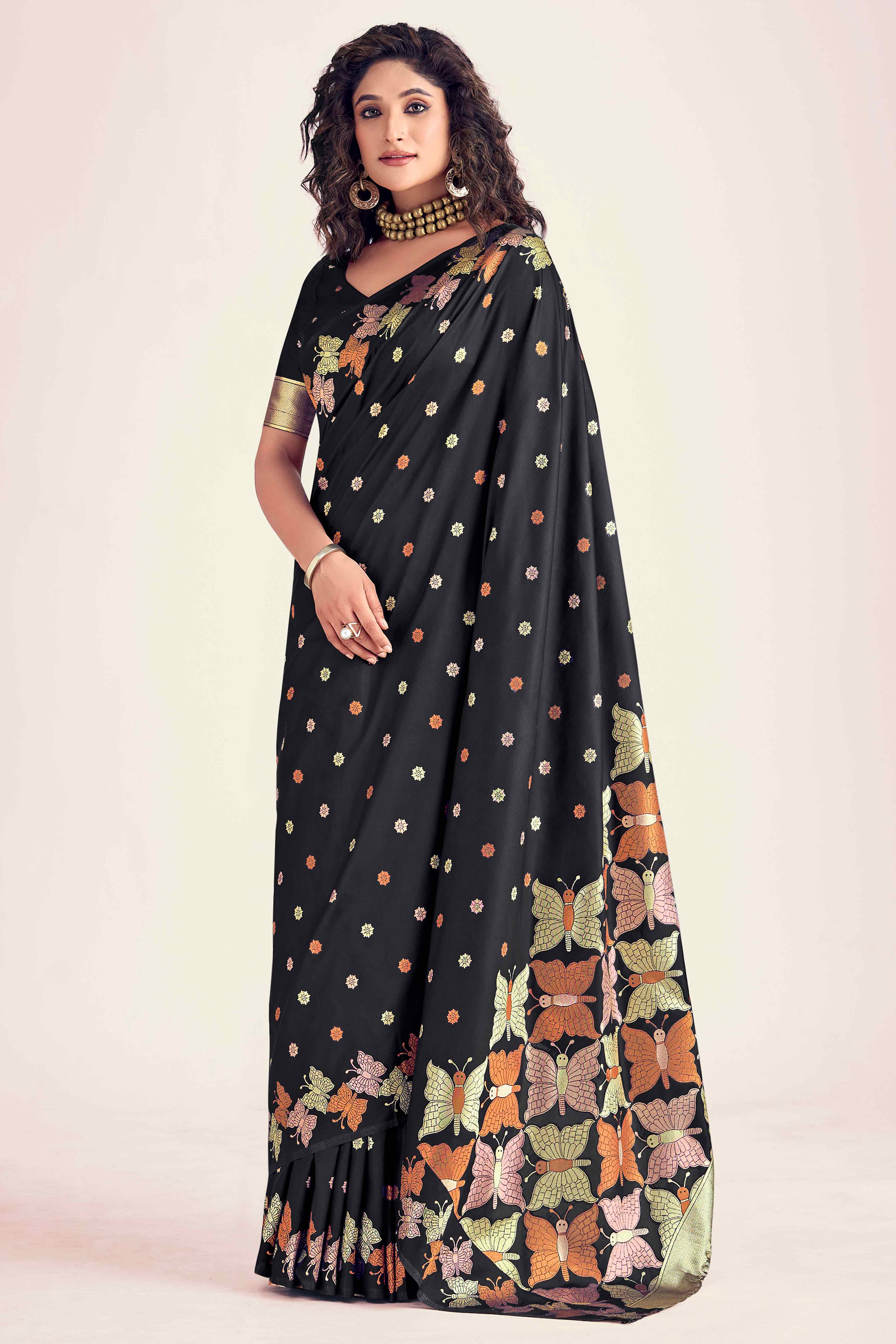 Black Banarasi Silk Saree With Zari Woven Floral & Butterfly Motifs