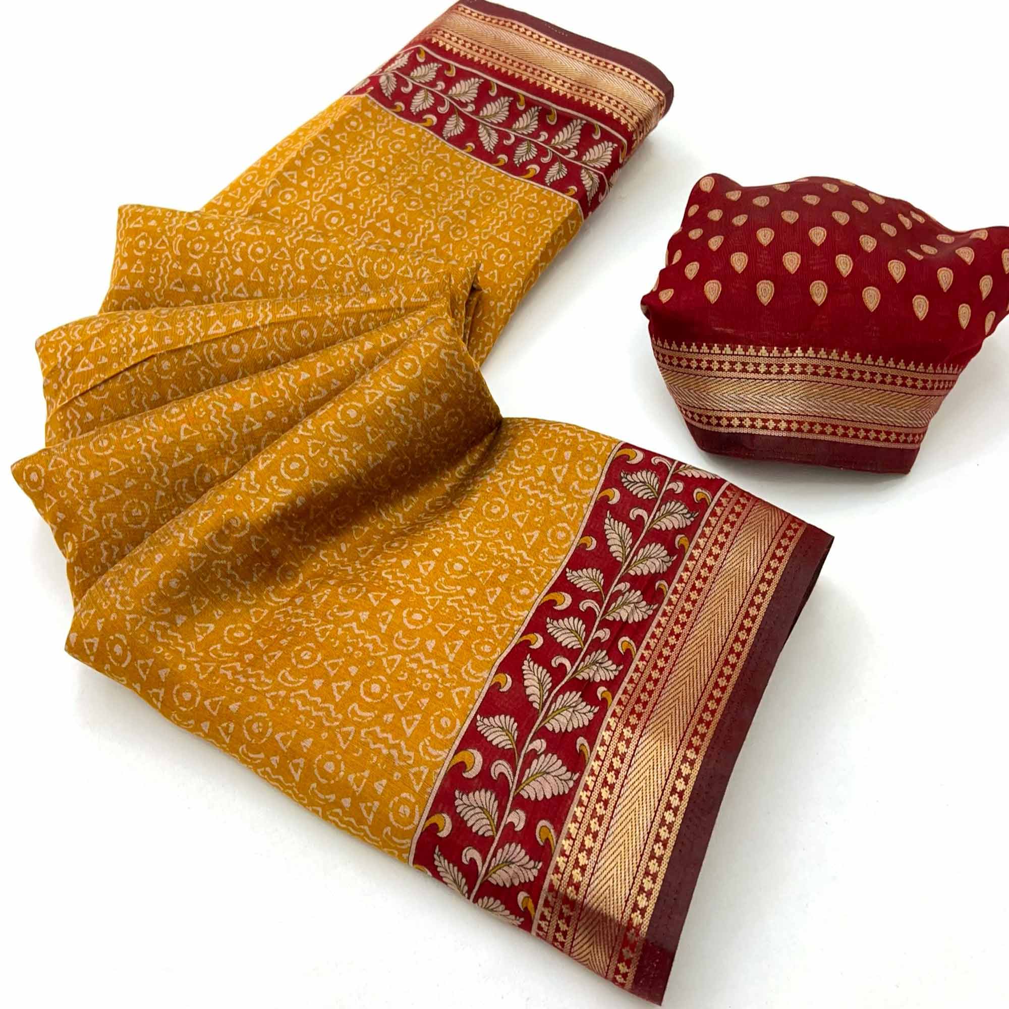 Pure Mulmul Cotton Saree in Mustard with Heritage Block Prints and Zari Detailing