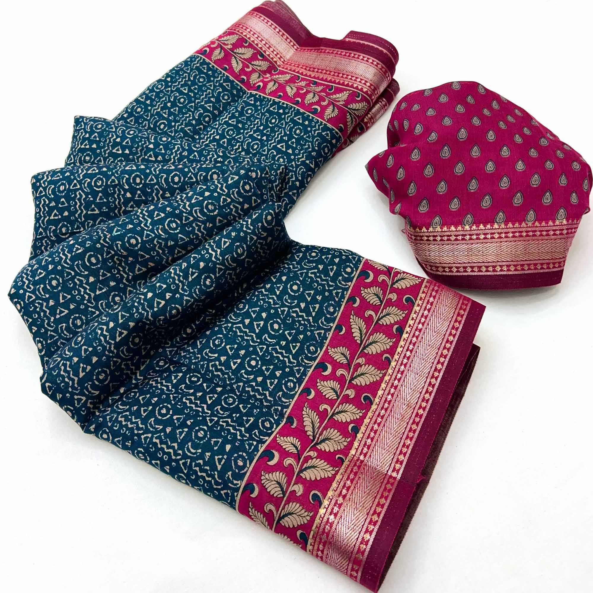 Pure Mulmul Cotton Saree in Teal with Heritage Block Prints and Zari Detailing