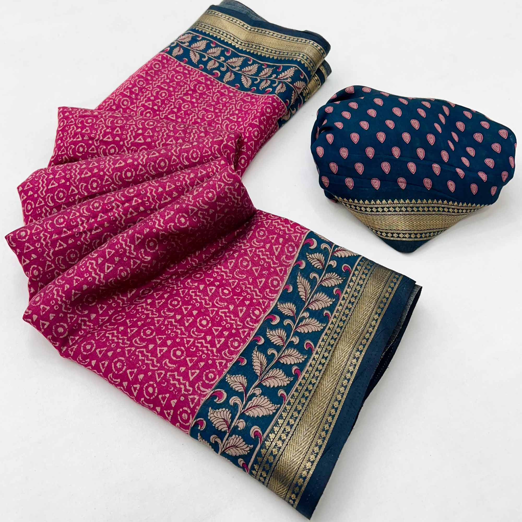 Pure Mulmul Cotton Saree in Pink with Heritage Block Prints and Zari Detailing