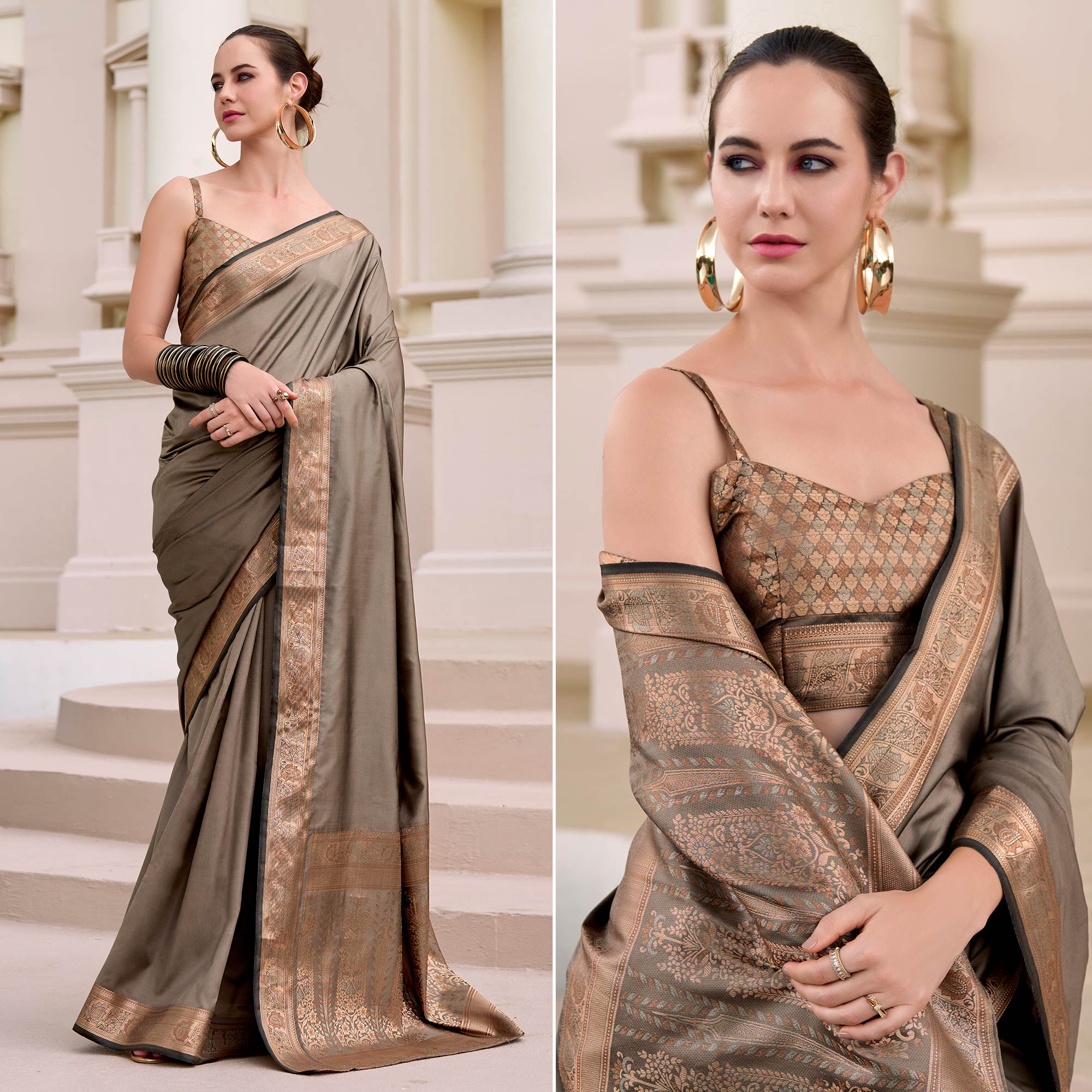 Taupe Brown Woven Banarasi Silk Saree With Zari Border