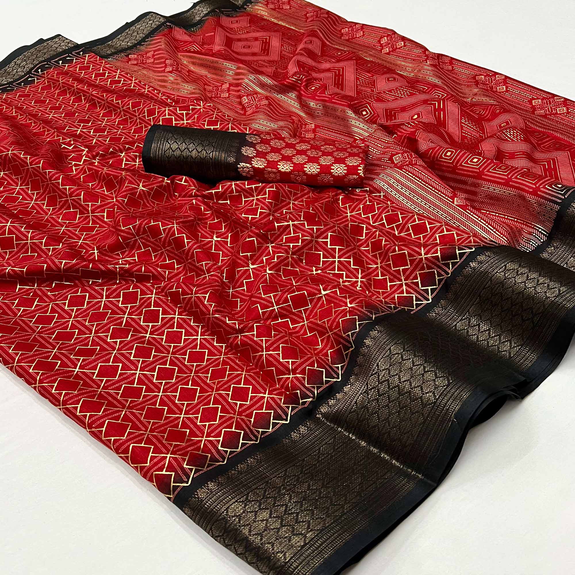 Red Foil Printed Dola Silk Saree