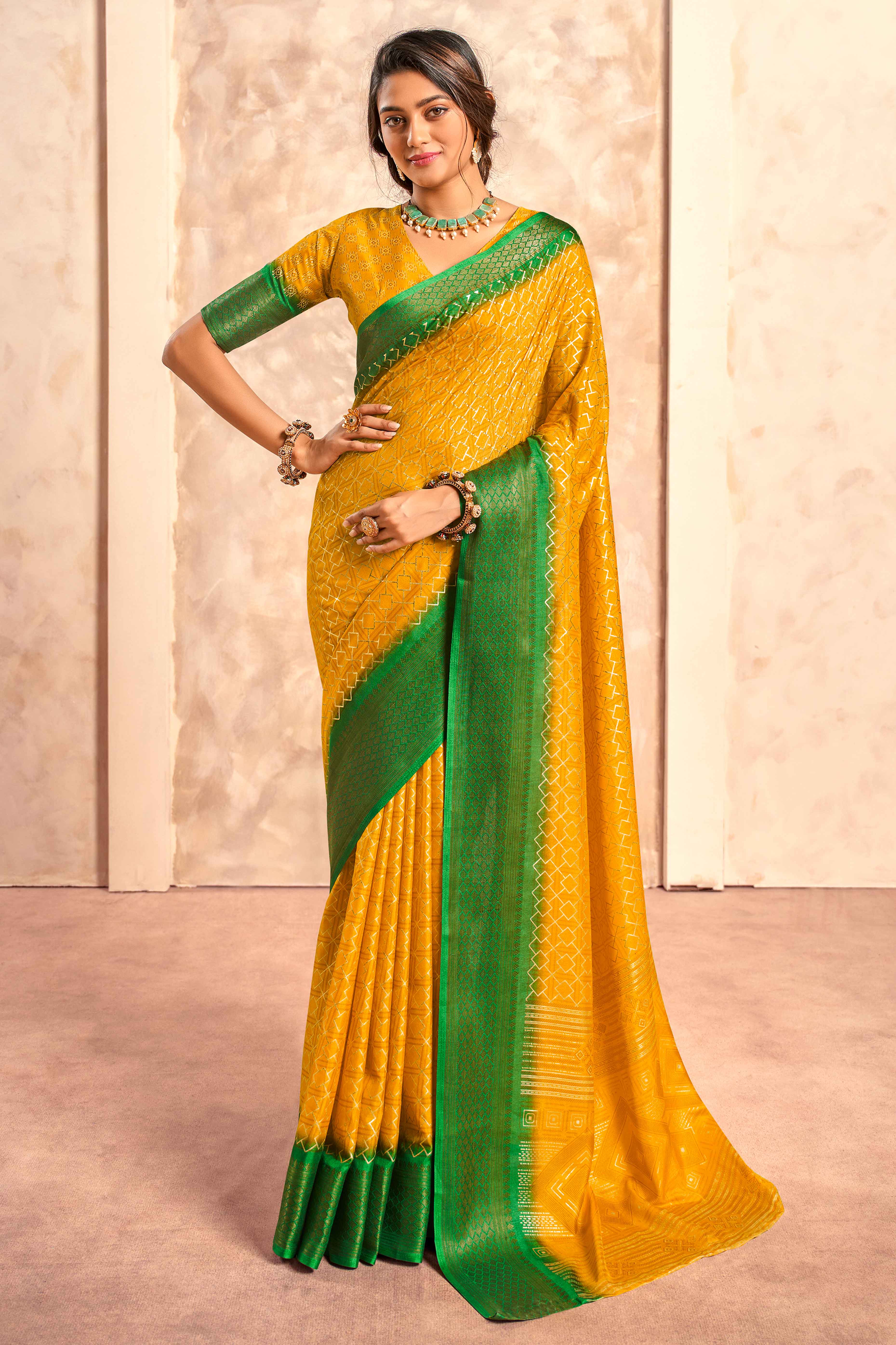 Mustard Geometric Foil Printed Dola Silk Saree With Woven Border