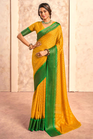 Mustard Geometric Foil Printed Dola Silk Saree With Woven Border
