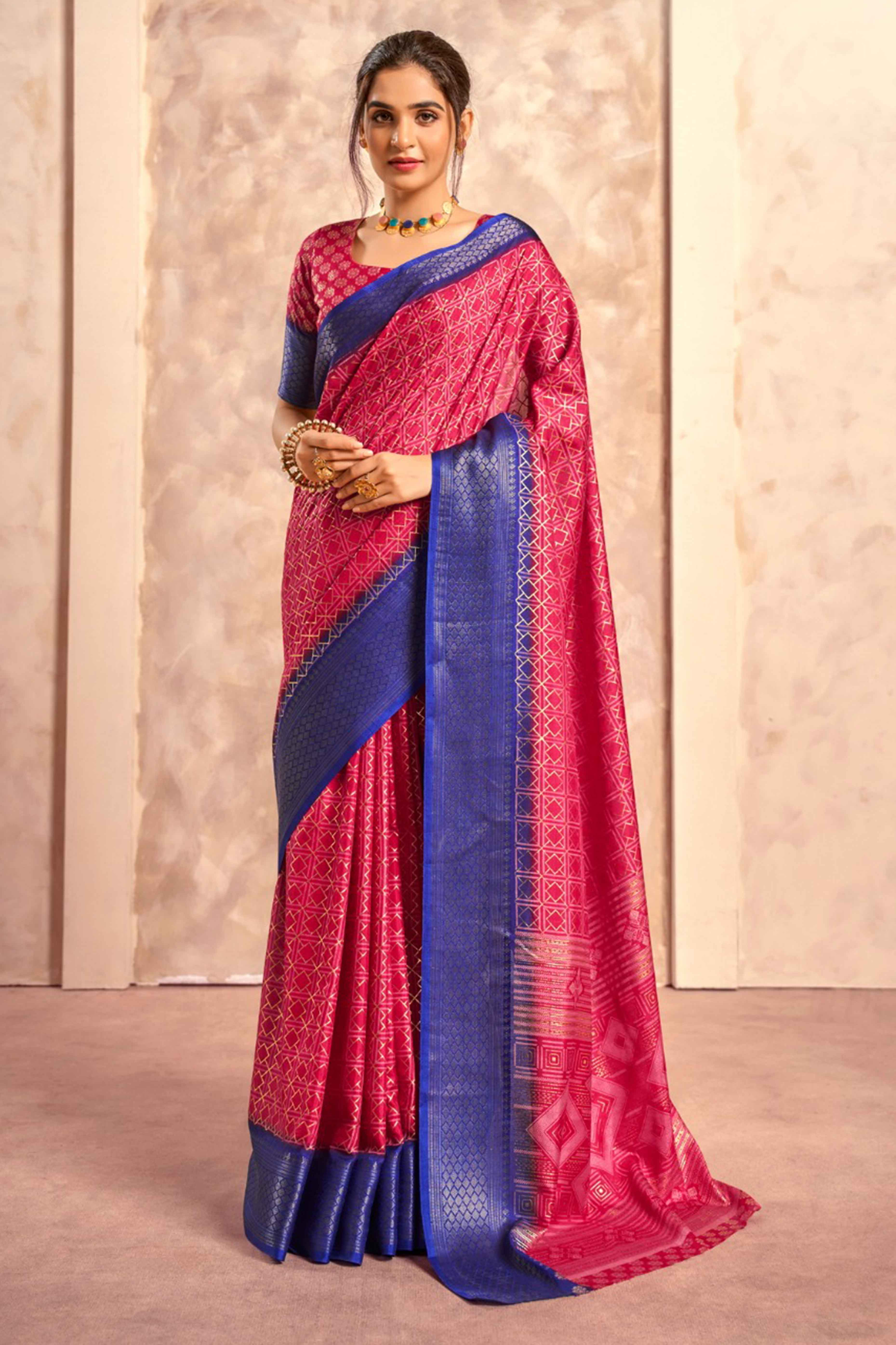 Pink Geometric Foil Printed Dola Silk Saree With Woven Border