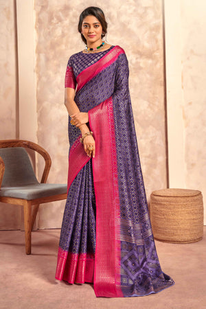 Violet Geometric Foil Printed Dola Silk Saree With Woven Border