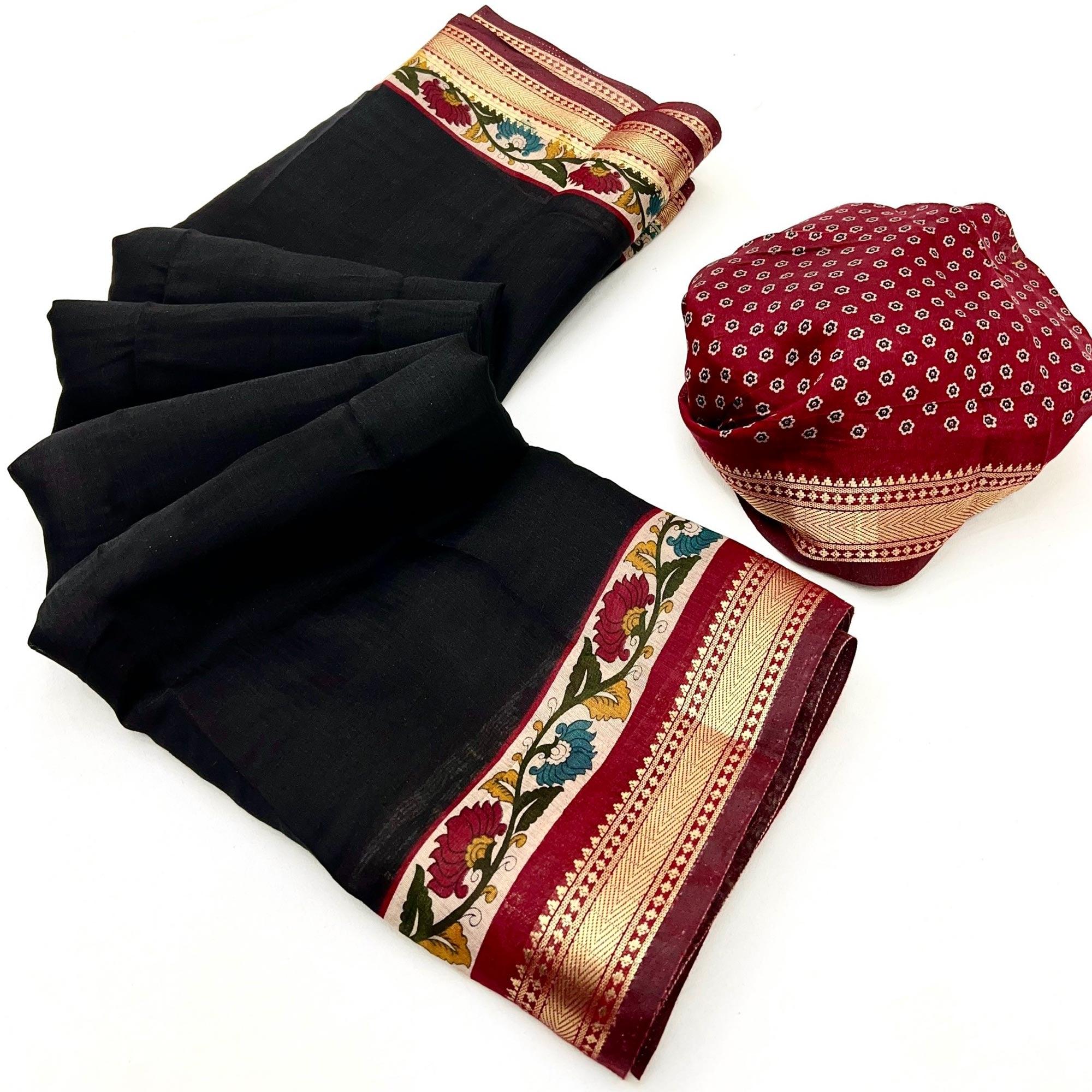 Black Soft Mul Cotton Saree with Kalamkari Pallu & Zari border