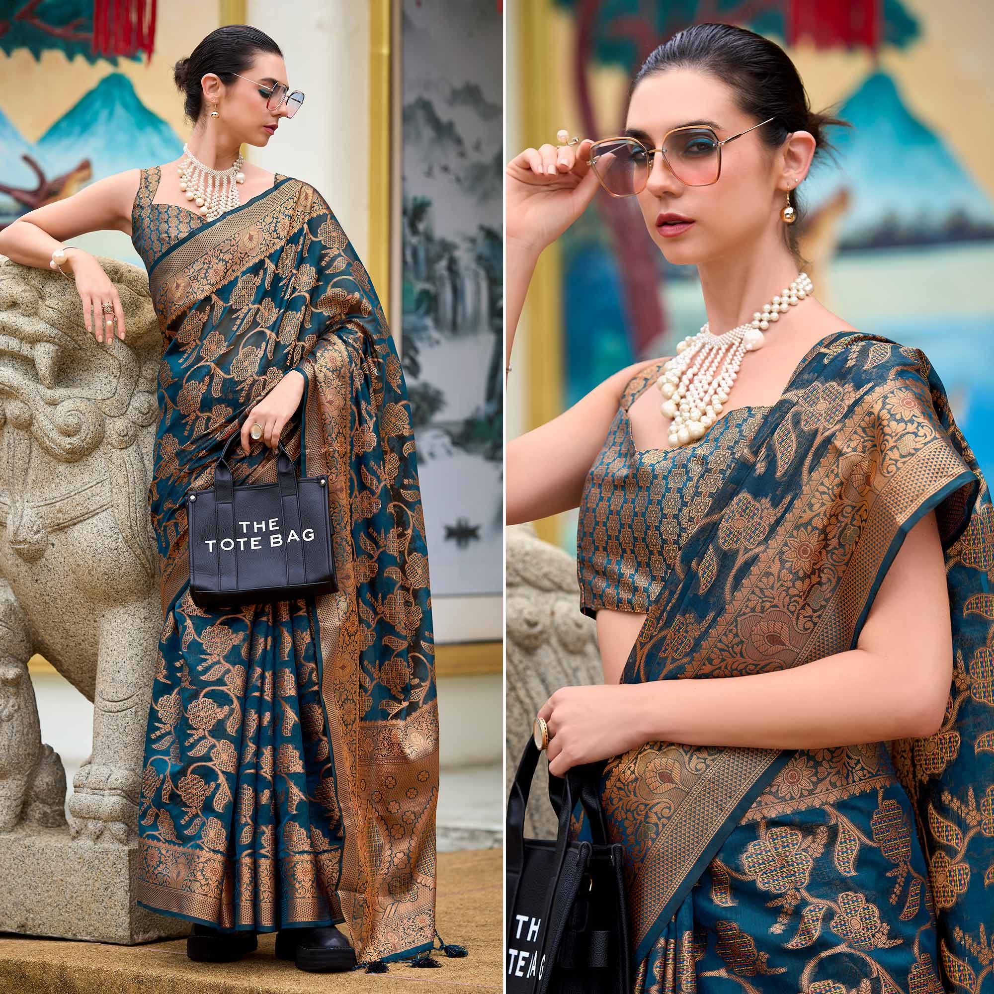 Teal Floral Motifs Woven Organza Saree