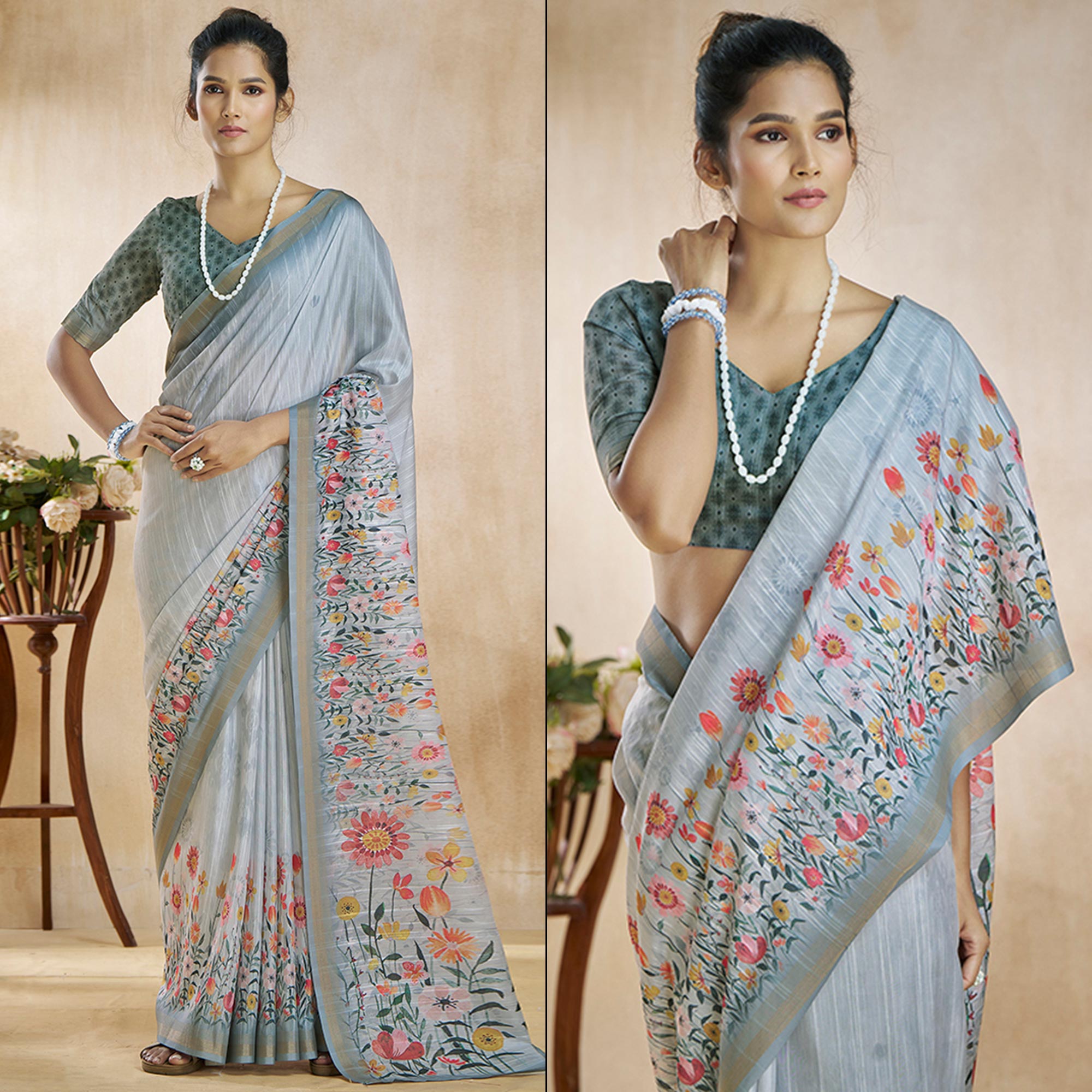 Grey Floral Digital Printed Pure Silk Saree