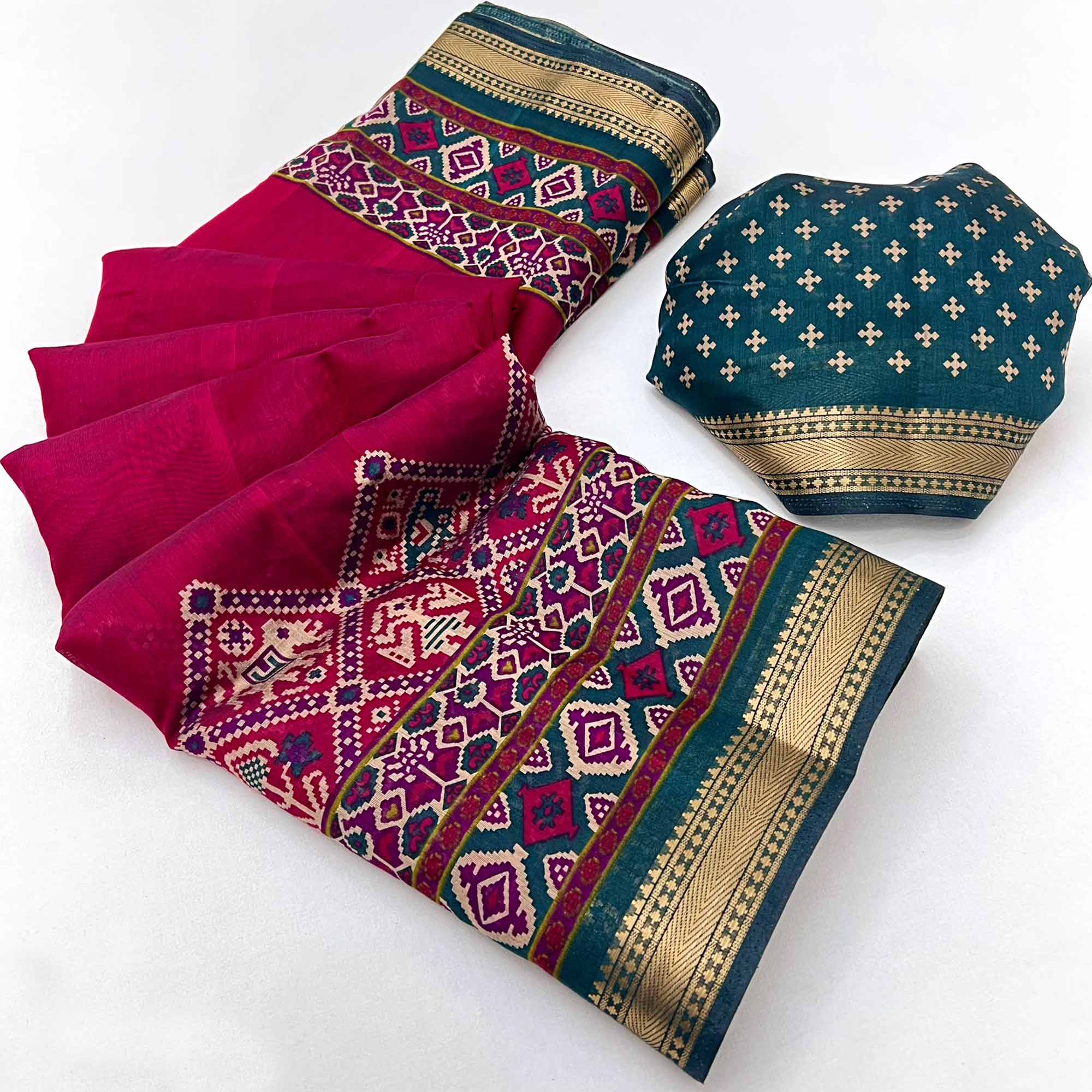 Pink Patola Print Saree in Featherlight Mulmul Cotton with Zari Border