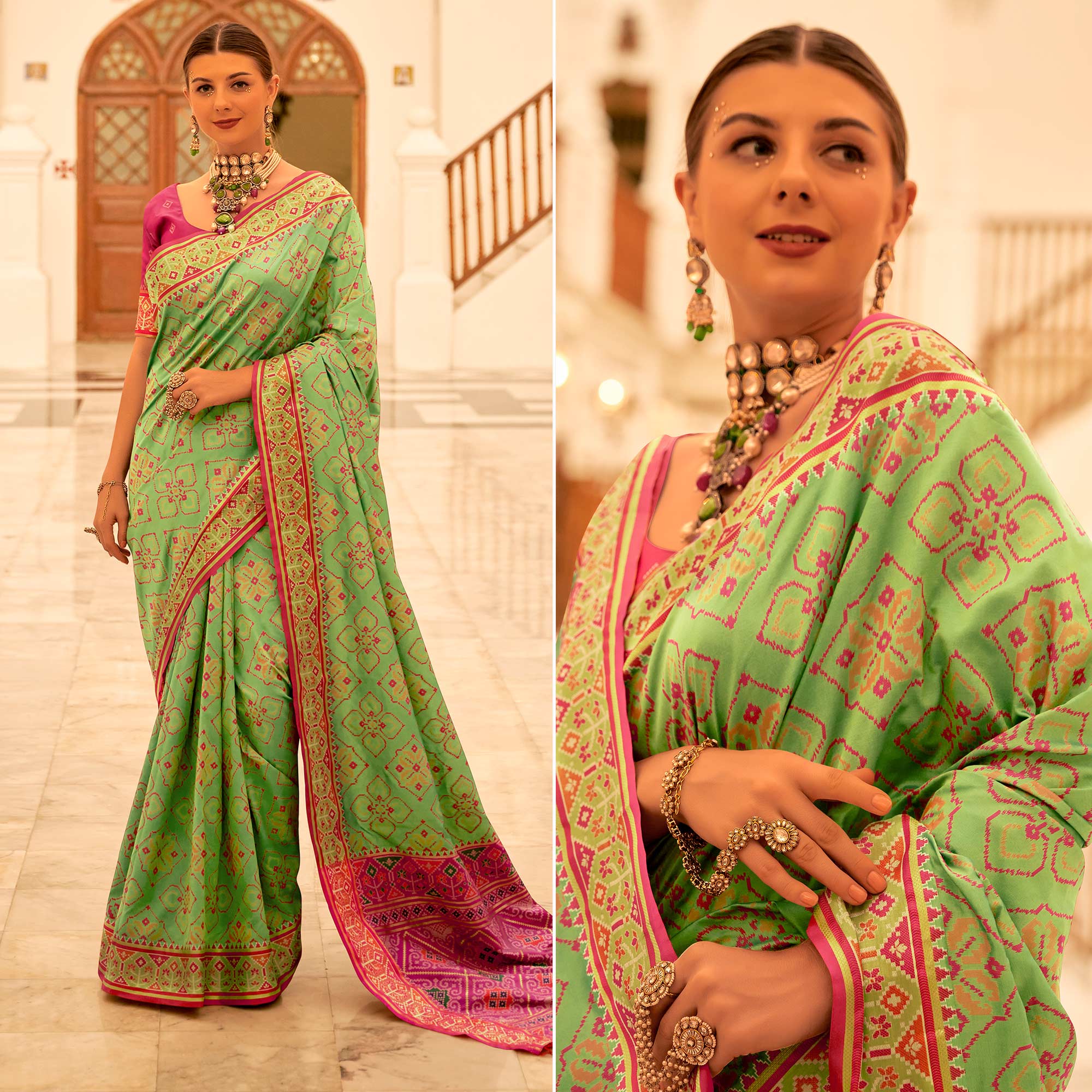 Green Patola Printed Banarasi Silk Saree With Tassels