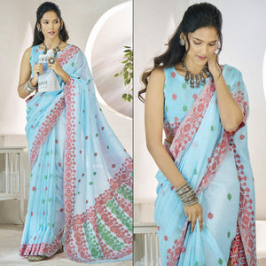 Blue Floral Woven Cotton Silk Saree