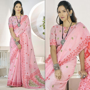 Pink Floral Woven Cotton Silk Saree