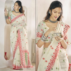 Off White Floral Woven Cotton Silk Saree