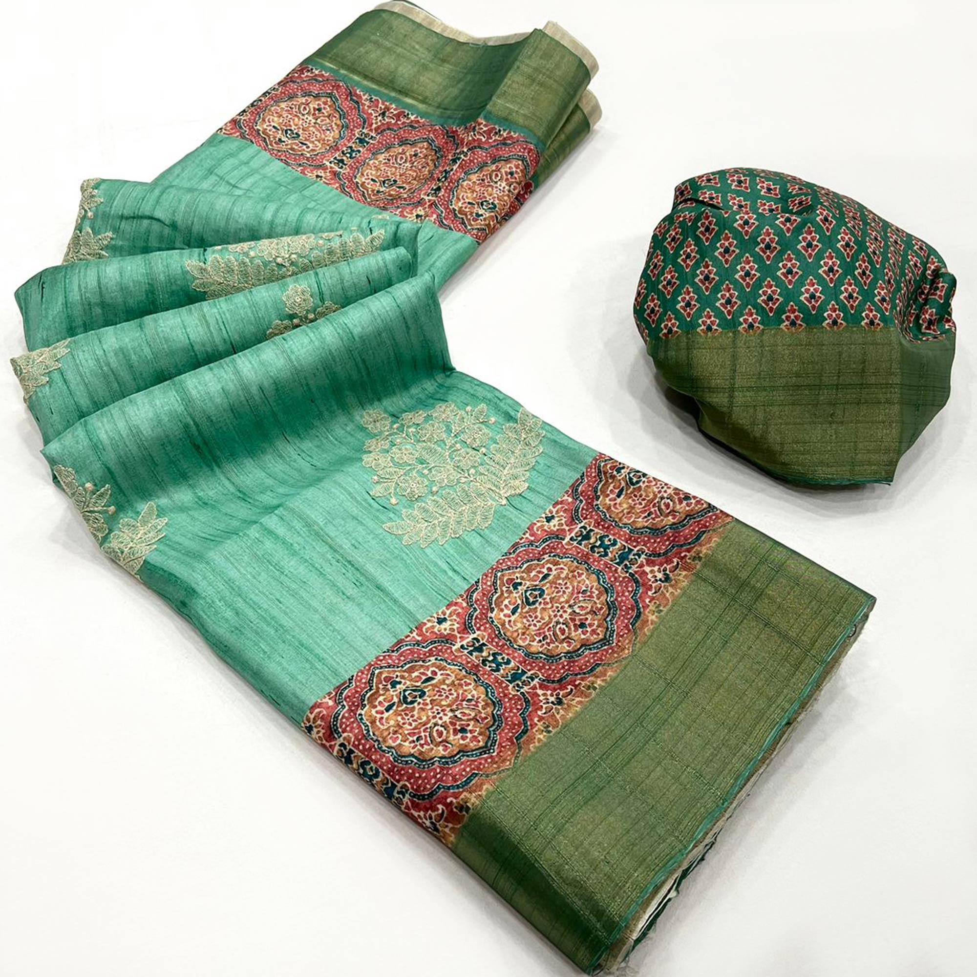 Embroidered Floral Sea Green Khaadi Saree with Ethnic Weaving Border