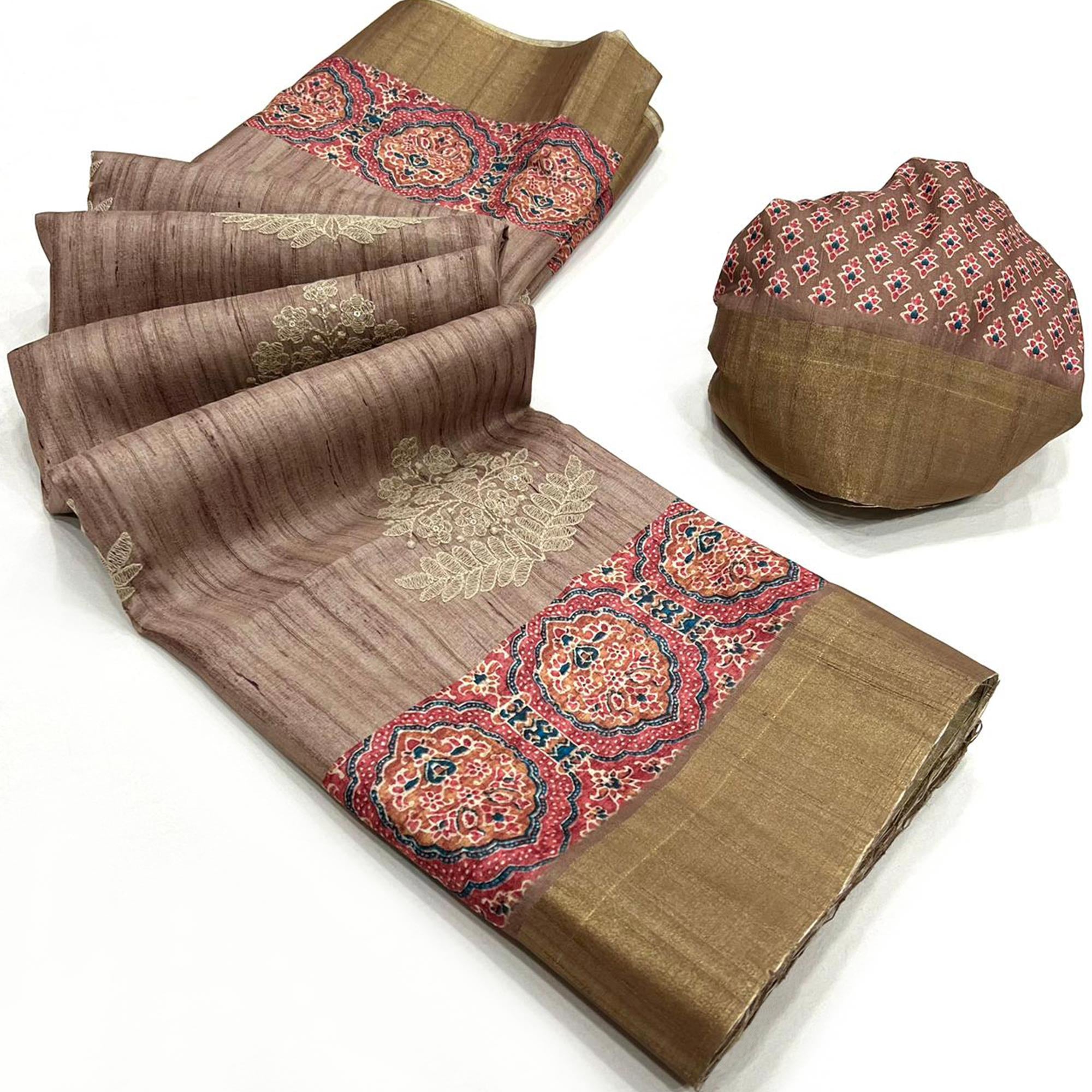 Embroidered Floral Beige Khaadi Saree with Ethnic Weaving Border