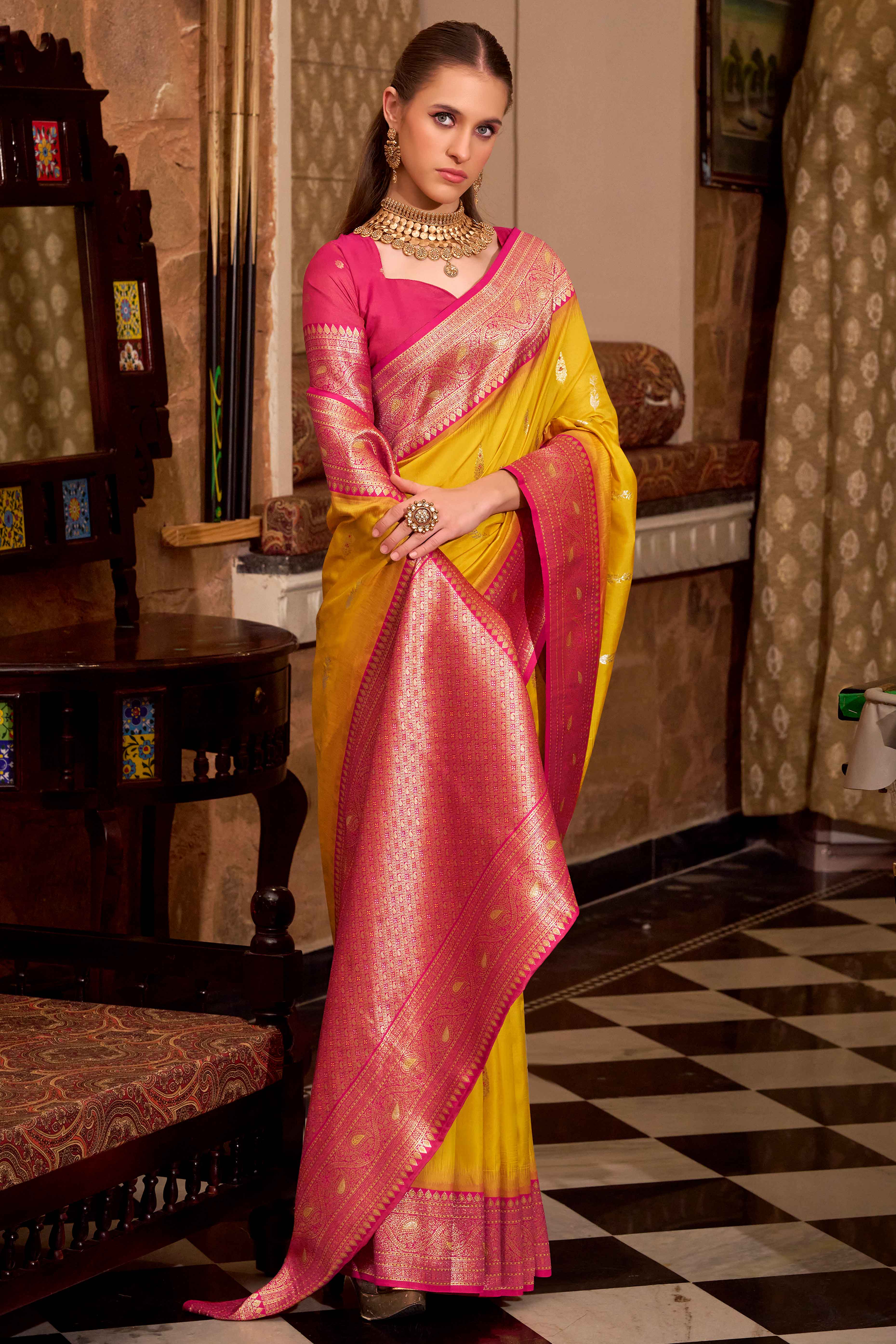 Mustard Pure Silk Saree With Intricate Floral Zari Weaving Work