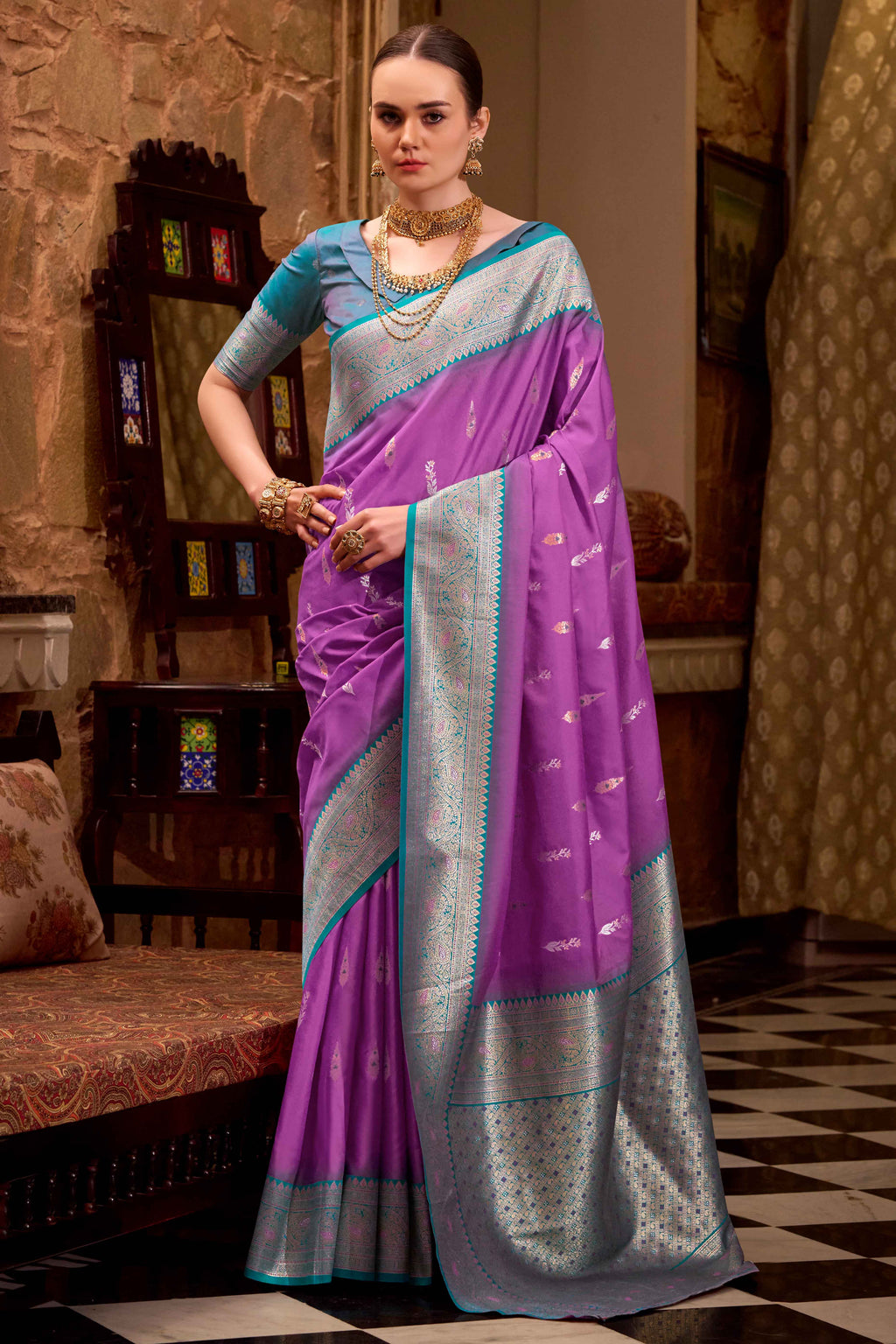 Ravishing Purple-Blue Pure Satin Silk Two Tone Weaving Saree main image 1