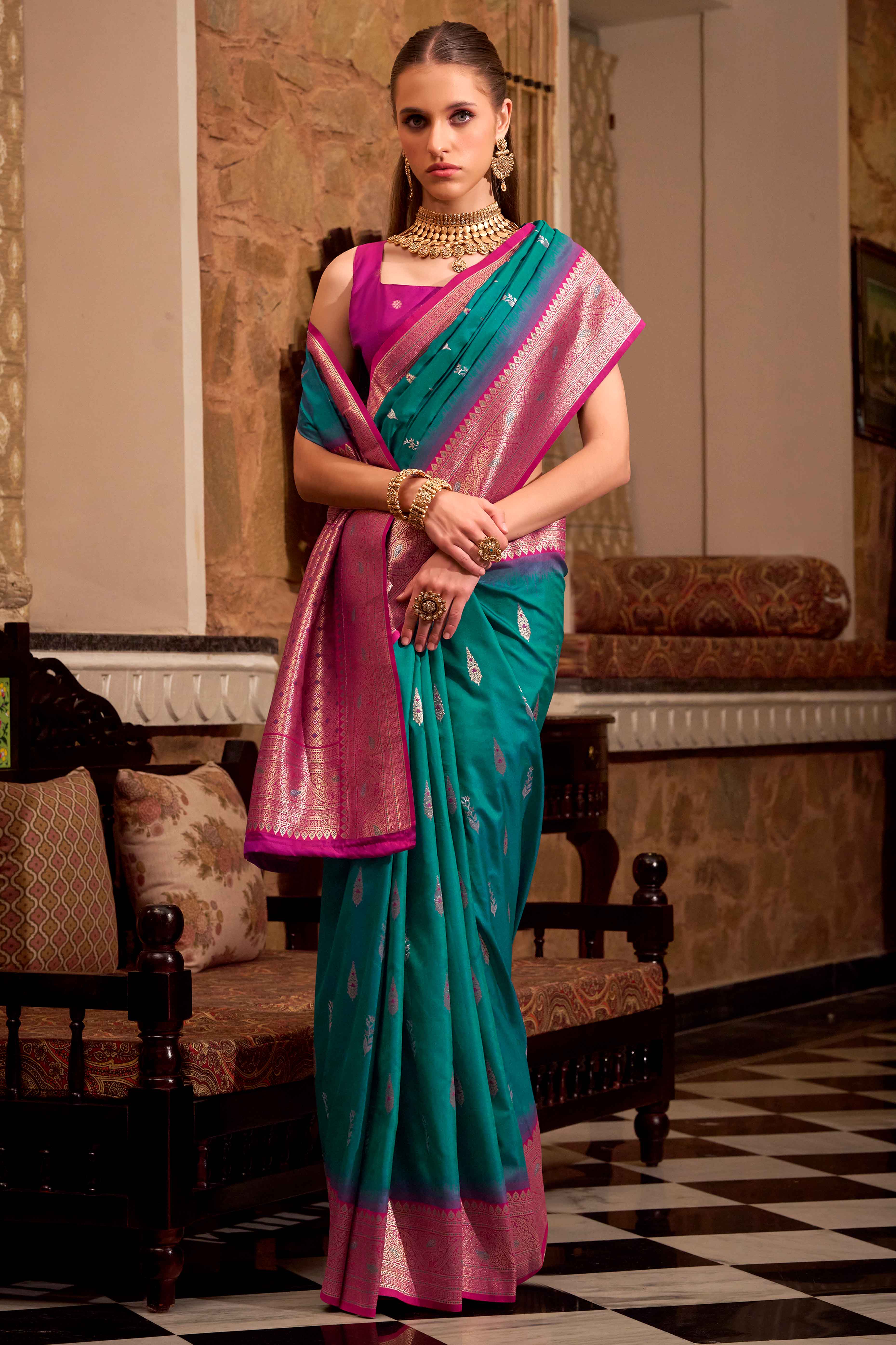 Rama Blue Pure Silk Saree With Intricate Floral Zari Weaving Work
