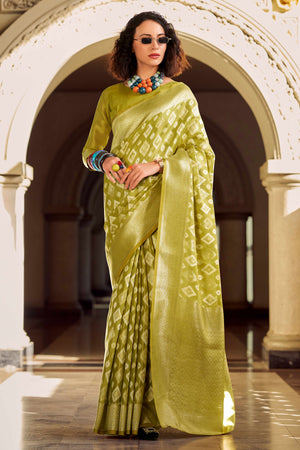 Olive Geometric Pattern Woven Tissue Silk Saree