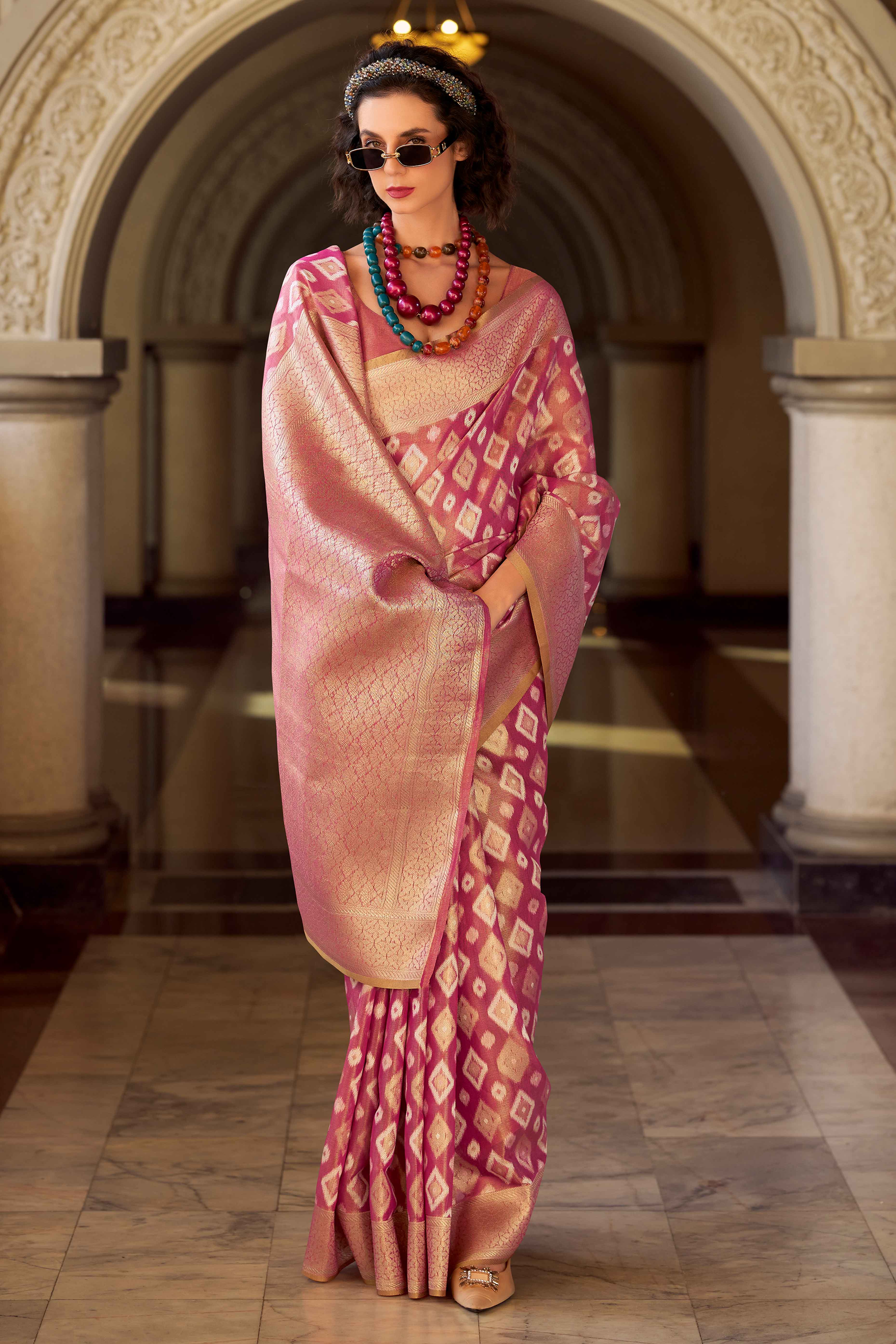 Magenta Geometric Pattern Woven Tissue Silk Saree