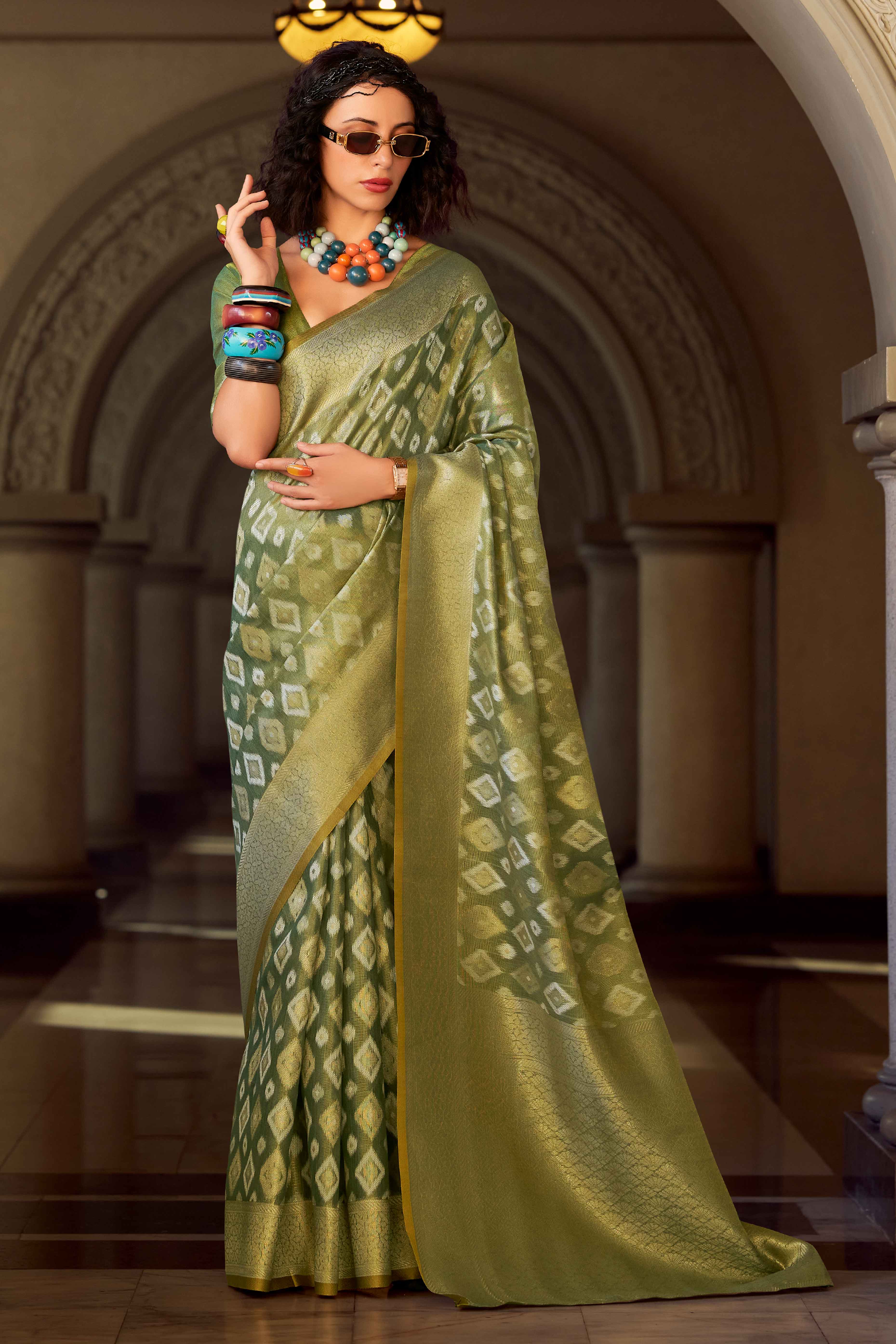 Green Geometric Pattern Woven Tissue Silk Saree