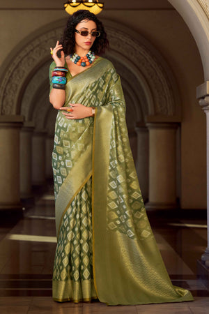 Green Geometric Pattern Woven Tissue Silk Saree
