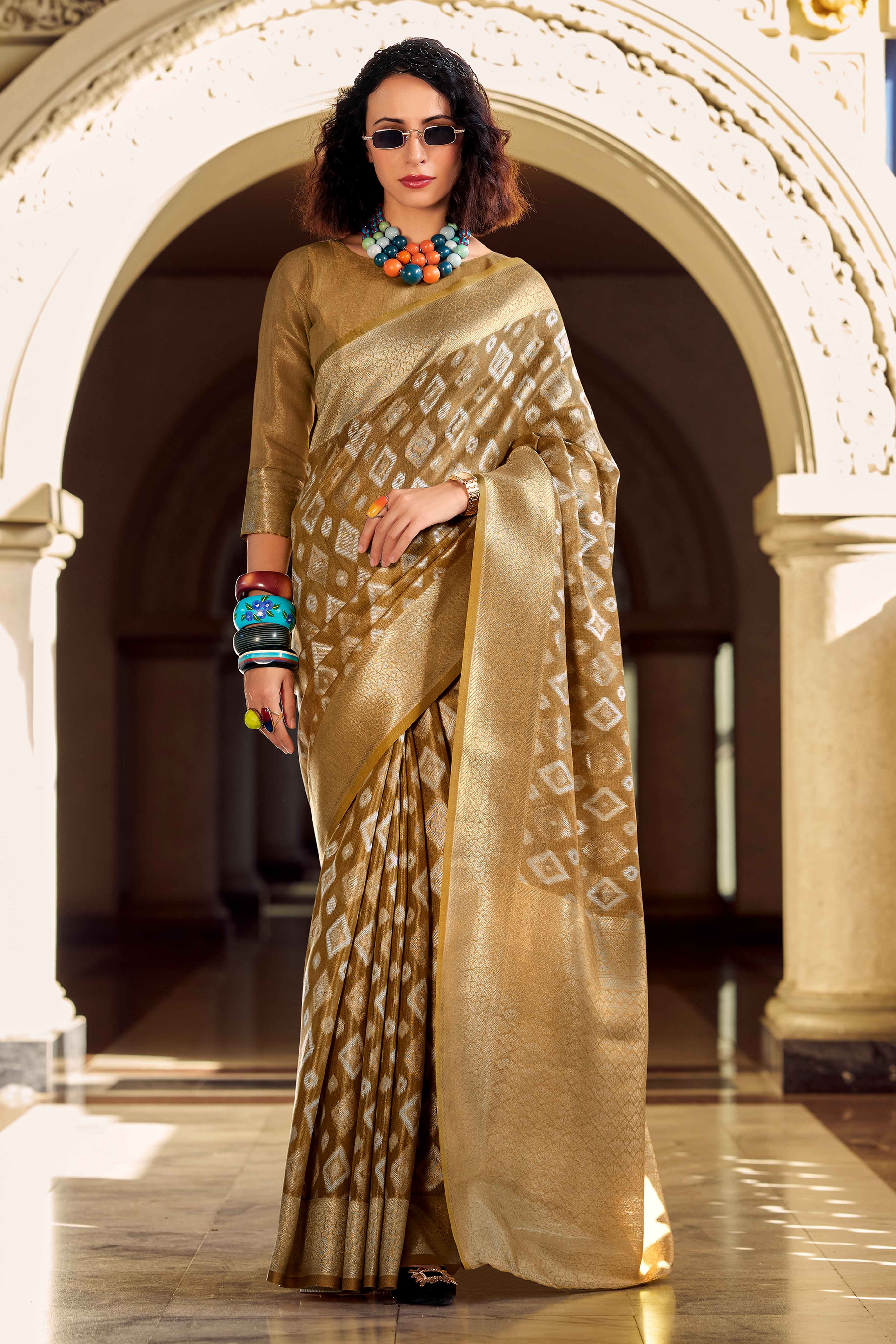 Brown Geometric Pattern Woven Tissue Silk Saree