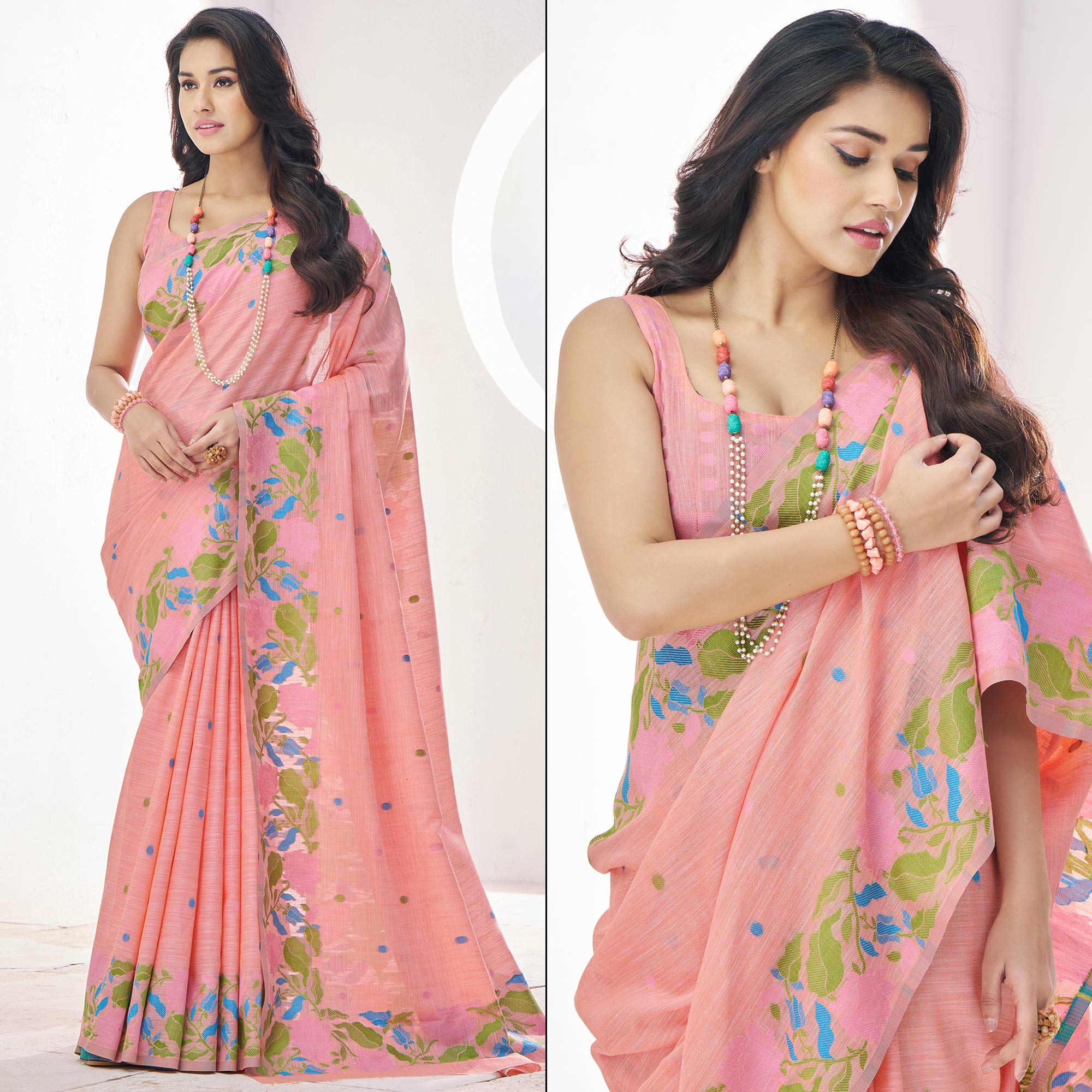 Peach Floral Woven Cotton Silk Saree