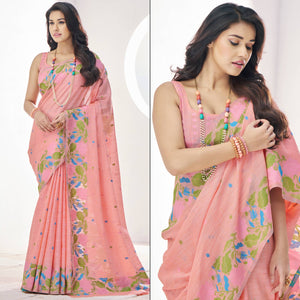 Peach Floral Woven Cotton Silk Saree