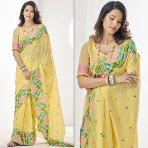 Yellow Floral Woven Cotton Silk Saree