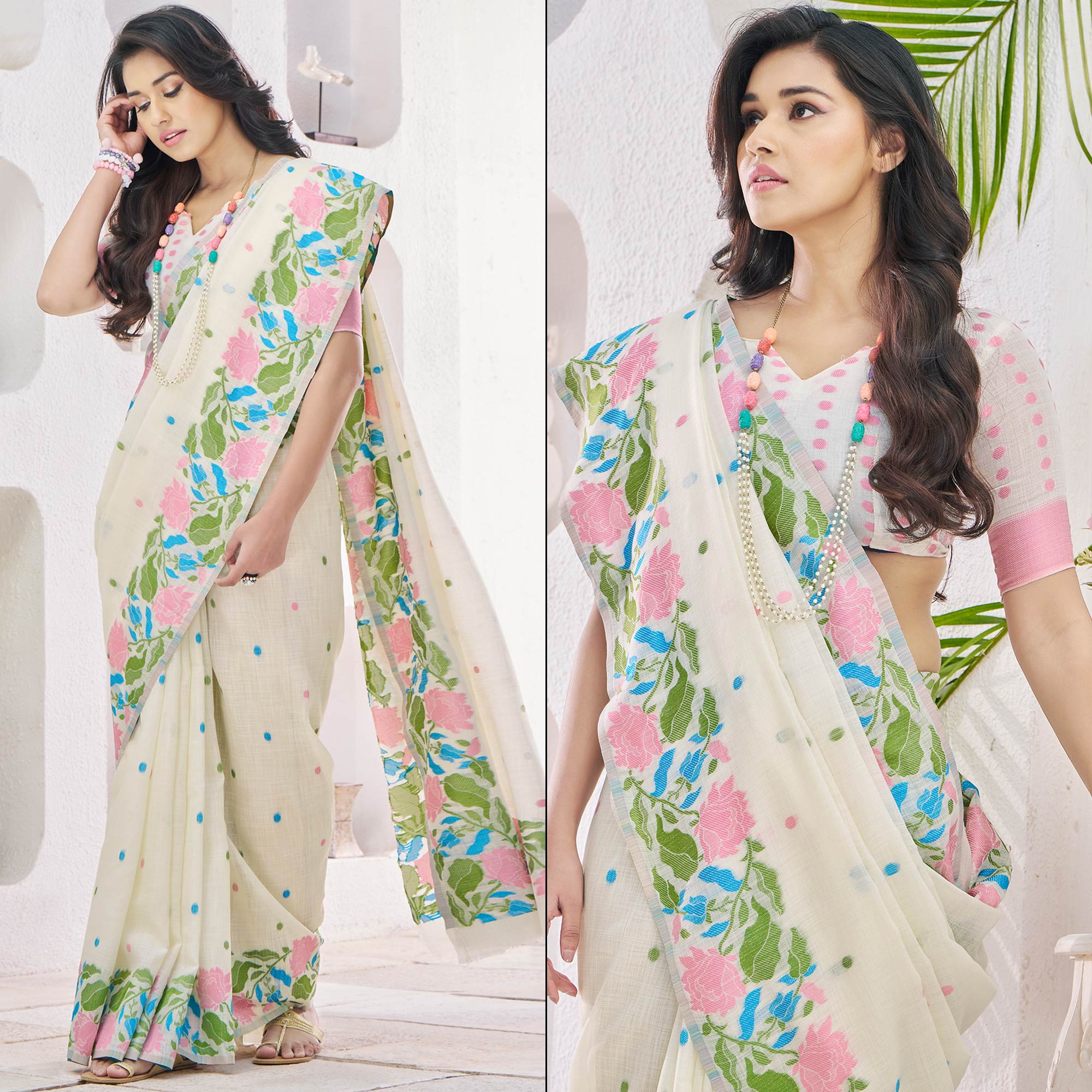 Off White Floral Woven Cotton Silk Saree