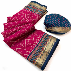 Comfortable Pink Mulmul Cotton Saree with Modern Zig Zag Design