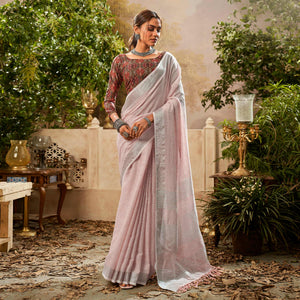 Peach Woven Pure Cotton Saree With Tassels