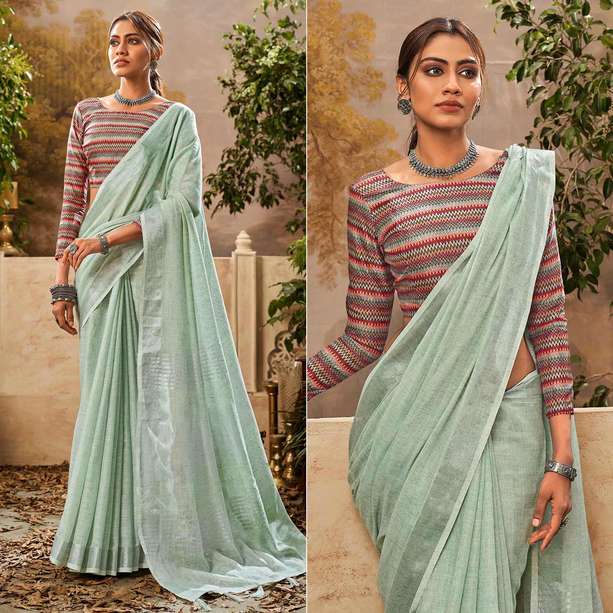 Green Woven Pure Cotton Saree With Tassels
