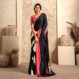 Black Abstract Printed Satin Saree