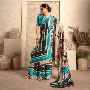 Beige Abstract Printed Satin Saree