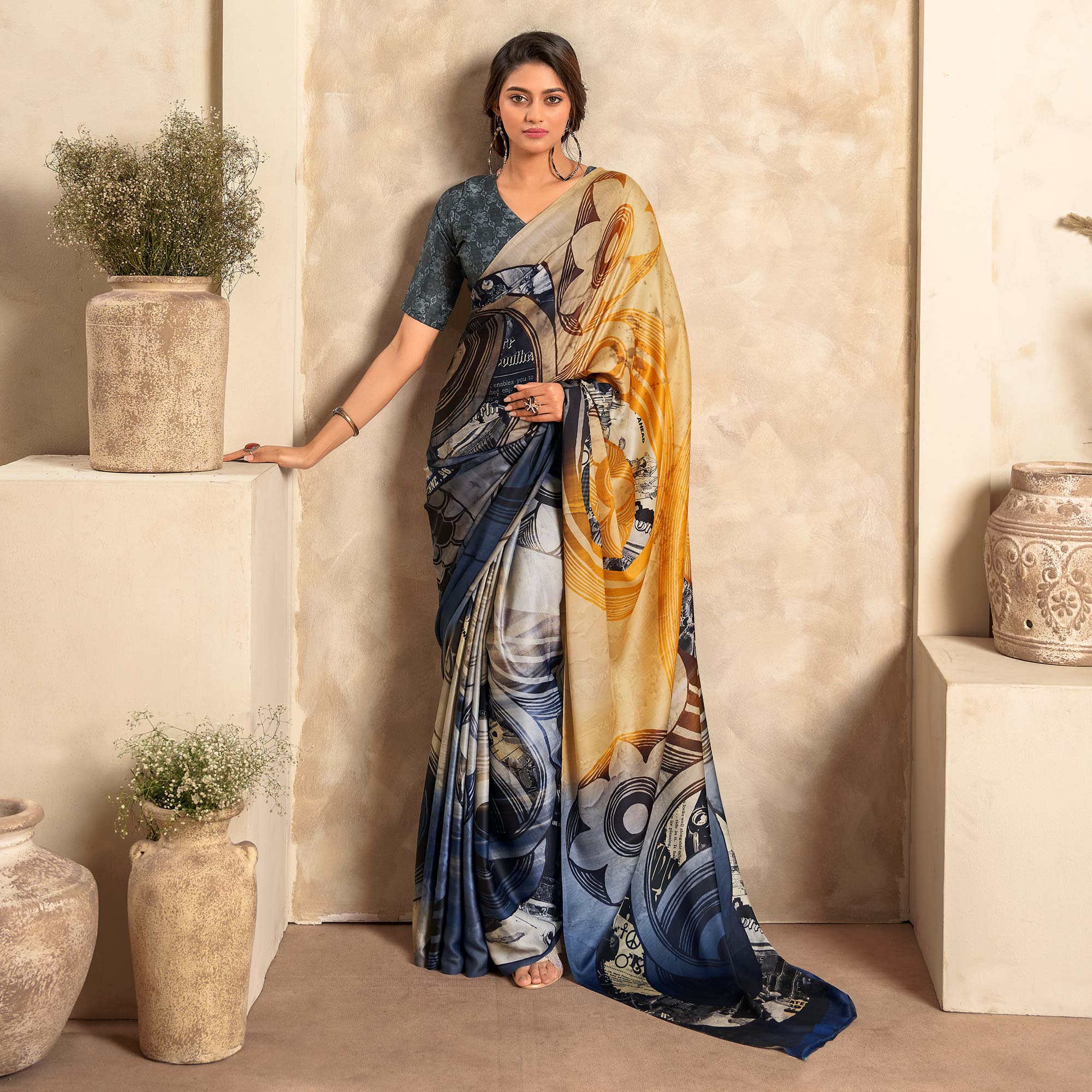 Multicolor Abstract Printed Satin Saree