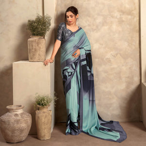 Sea Green Abstract Printed Satin Saree