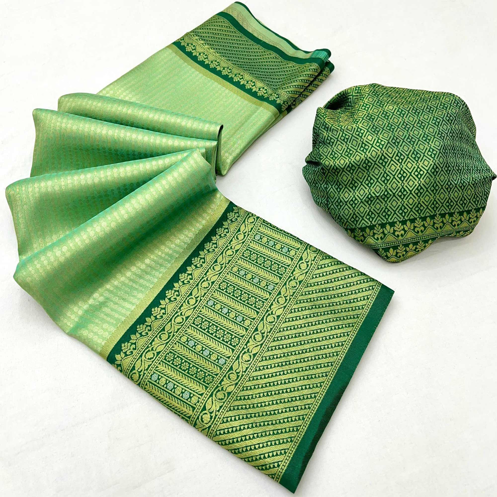 Green Tissue Silk Saree with Delicate Floral Zari Weaving