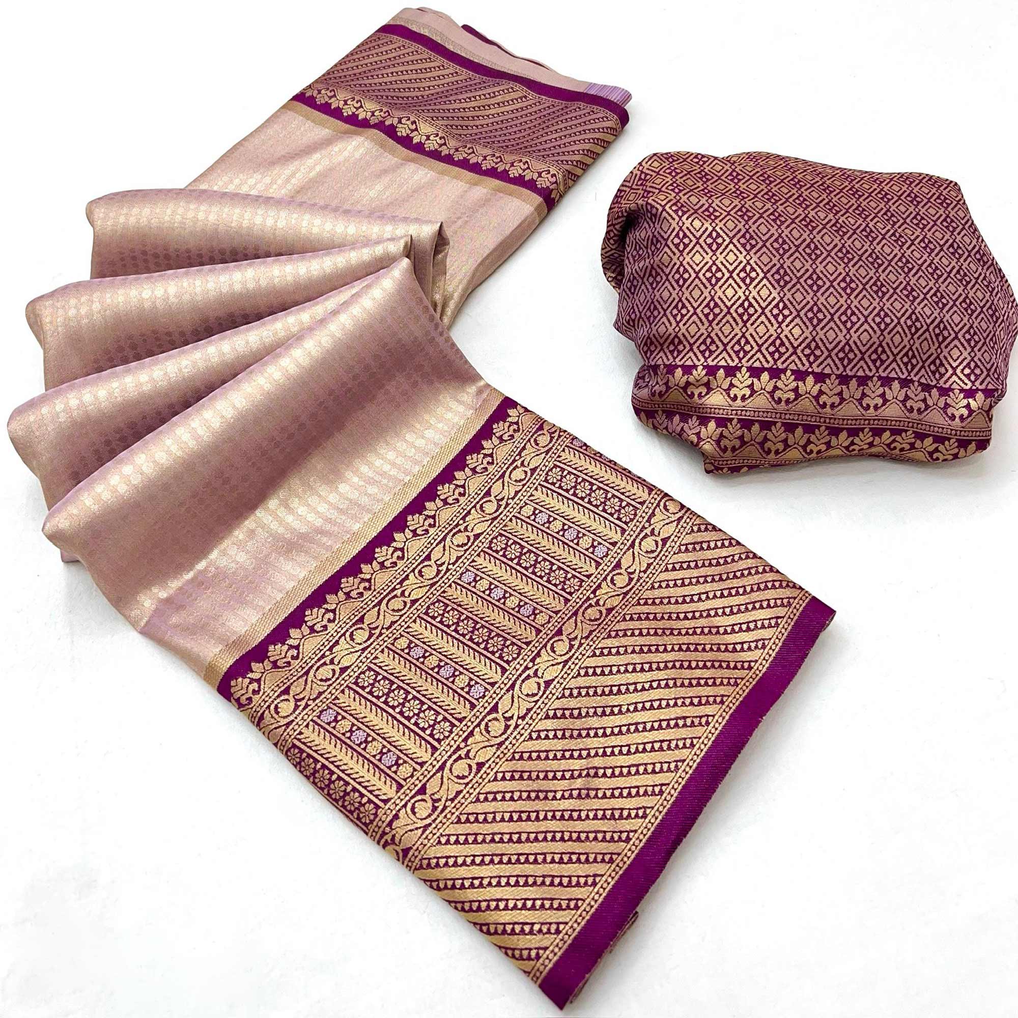Onion Pink Tissue Silk Saree with Delicate Floral Zari Weaving