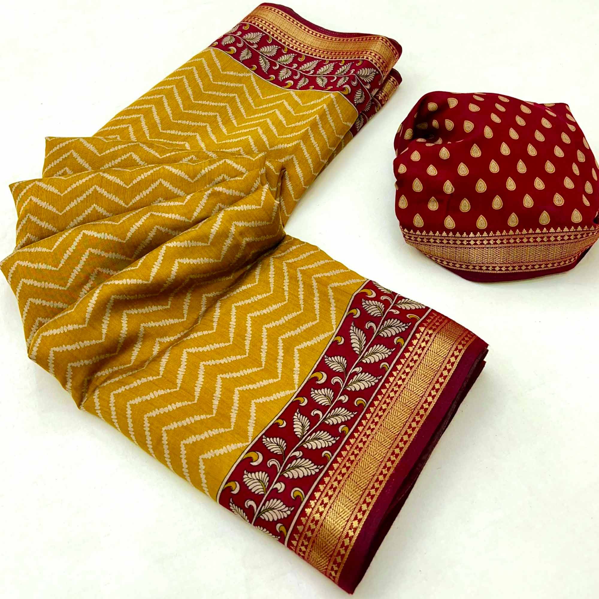 Mustard Mulmul Cotton Saree with Geometric Zig-Zag Design and Zari Trim