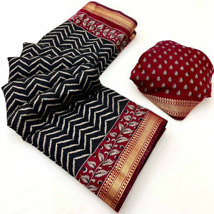 Black Mulmul Cotton Saree with Geometric Zig-Zag Design and Zari Trim