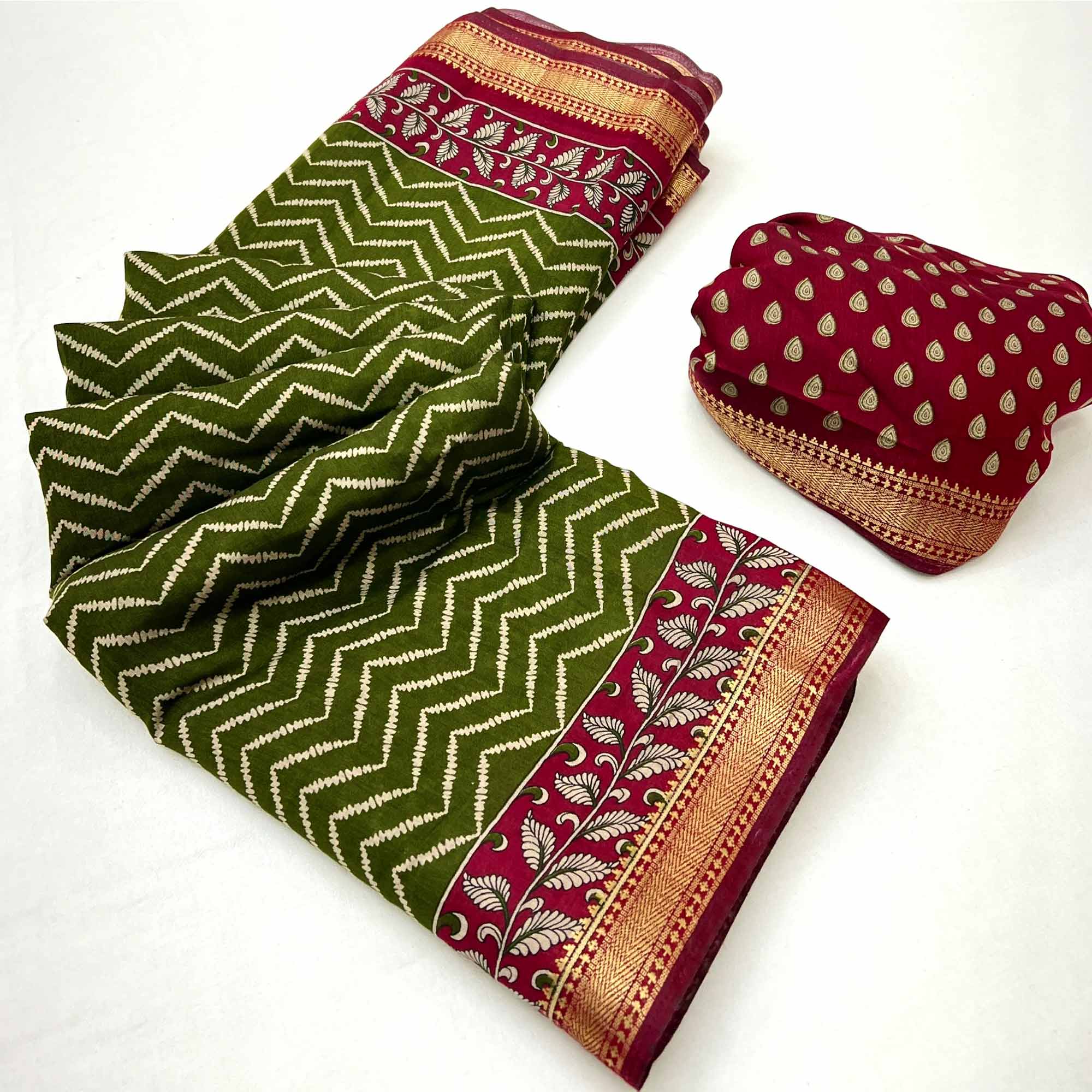 Green Mulmul Cotton Saree with Geometric Zig-Zag Design and Zari Trim