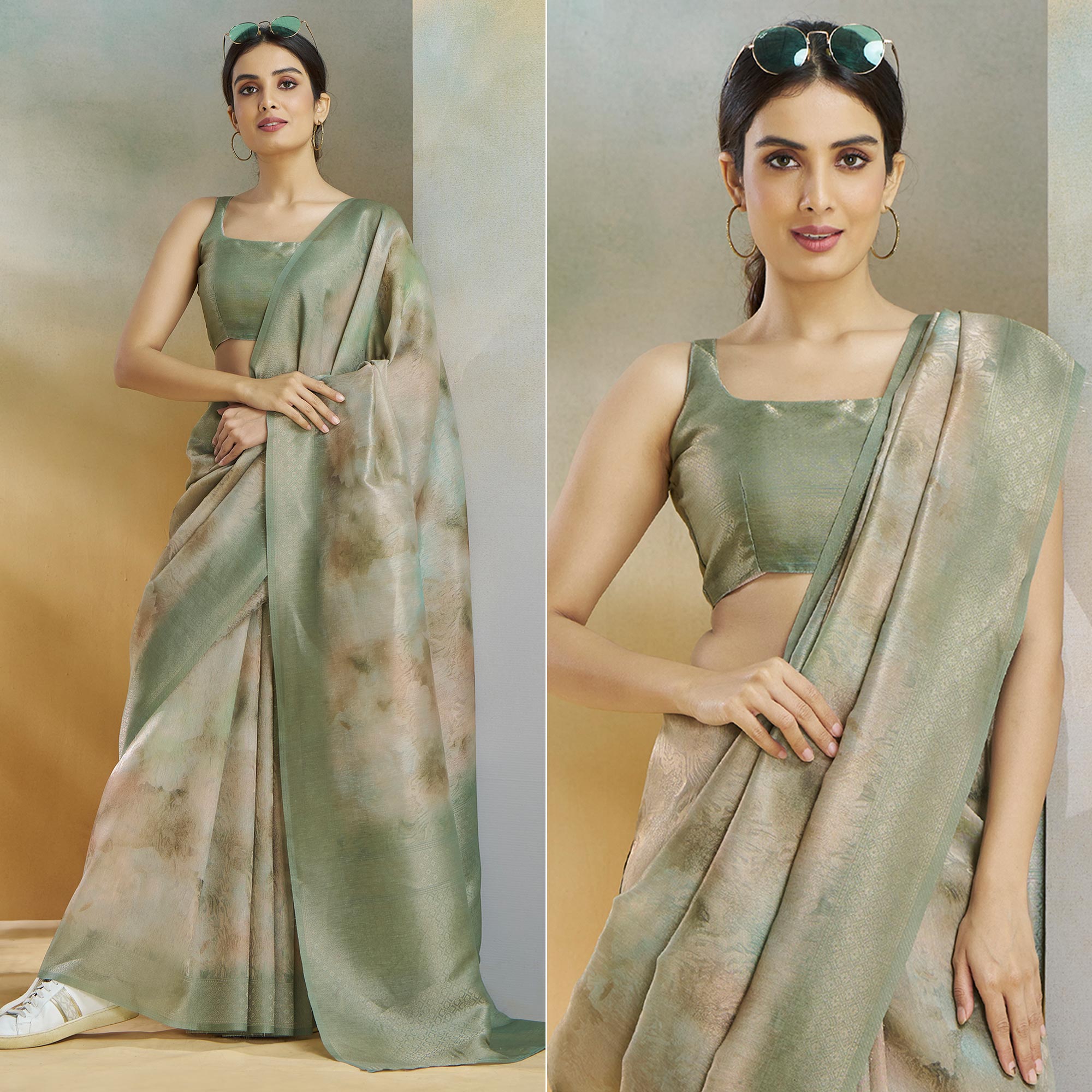 Green Woven With Digital Printed Linen Saree